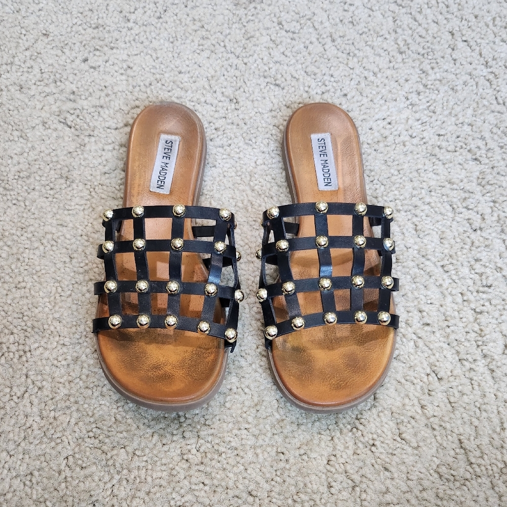 Steve Madden Brown Slide Sandals Black Gold Spheres Straps Size 9 + FREE BAG - Picture 3 of 10